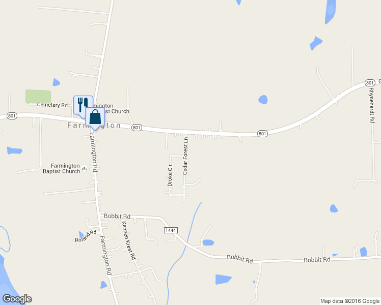 map of restaurants, bars, coffee shops, grocery stores, and more near 135 Cedar Forest Lane in Mocksville
