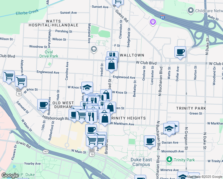 map of restaurants, bars, coffee shops, grocery stores, and more near 1001 Broad Street in Durham