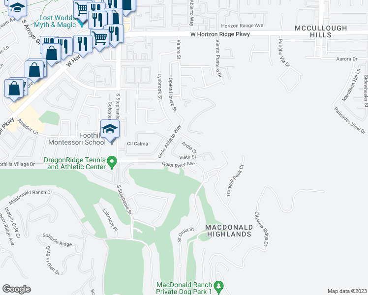 map of restaurants, bars, coffee shops, grocery stores, and more near 1271 Ardia St in Henderson