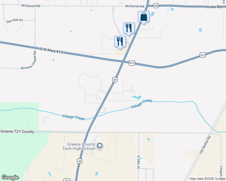 map of restaurants, bars, coffee shops, grocery stores, and more near 3102 Woodhaven Street in Paragould