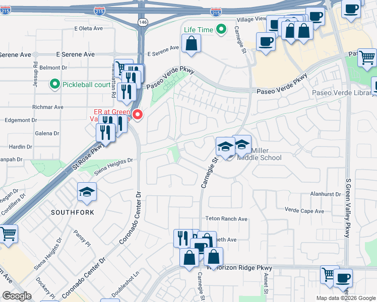 map of restaurants, bars, coffee shops, grocery stores, and more near 2540 Citrus Garden Circle in Henderson