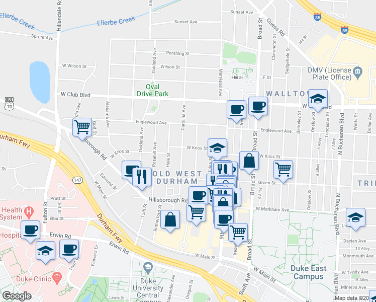 map of restaurants, bars, coffee shops, grocery stores, and more near 2209 West Knox Street in Durham