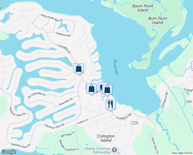 map of restaurants, bars, coffee shops, grocery stores, and more near 116 King Court in Kill Devil Hills