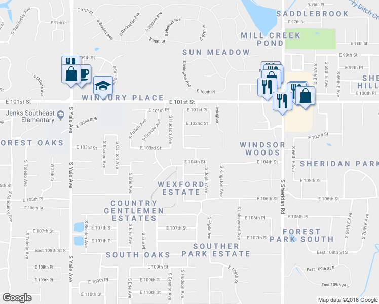 map of restaurants, bars, coffee shops, grocery stores, and more near 5722 East 103rd Street in Tulsa