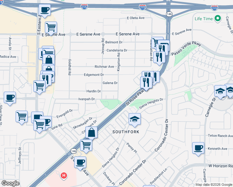 map of restaurants, bars, coffee shops, grocery stores, and more near 391 Cactus River Court in Henderson