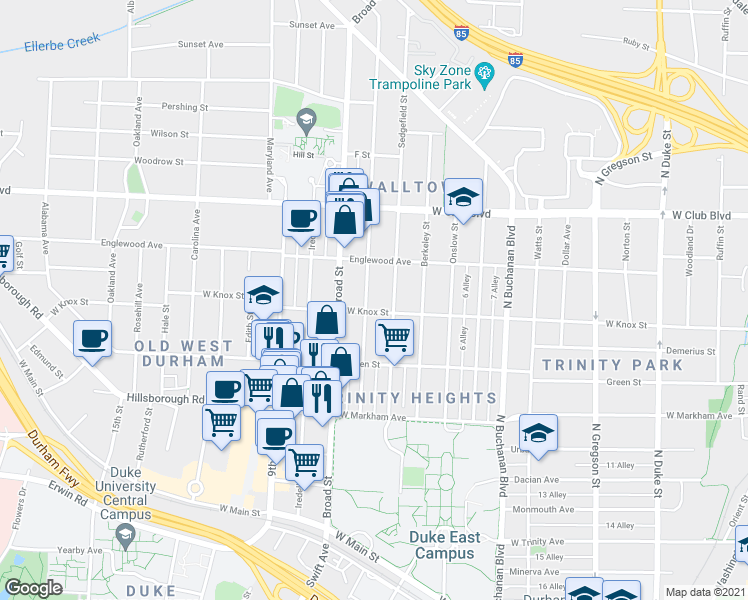 map of restaurants, bars, coffee shops, grocery stores, and more near 1615 West Knox Street in Durham
