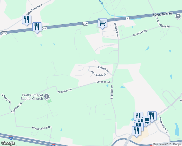 map of restaurants, bars, coffee shops, grocery stores, and more near 525 Parkstone Lane in Knoxville