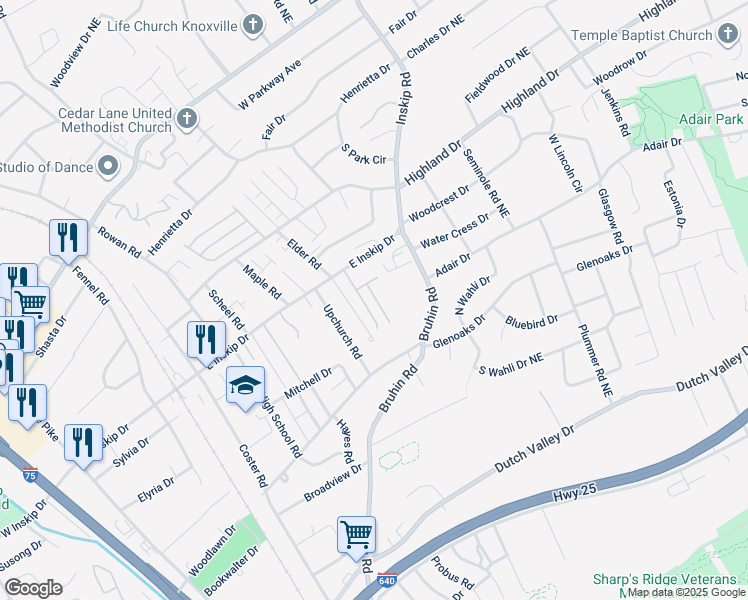 map of restaurants, bars, coffee shops, grocery stores, and more near 4719 Scepter Way in Knoxville