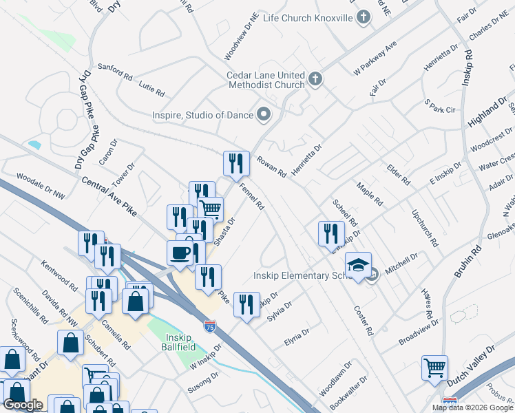 map of restaurants, bars, coffee shops, grocery stores, and more near 313 Naueda Lane Northeast in Knoxville