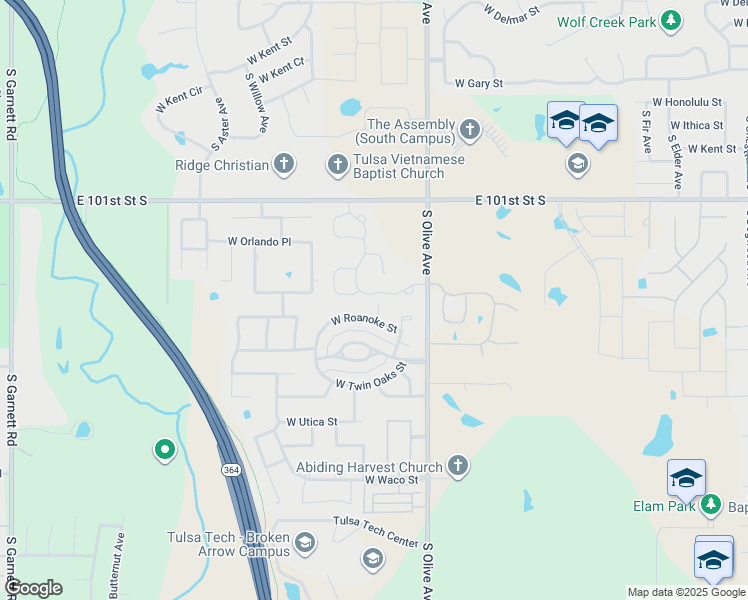 map of restaurants, bars, coffee shops, grocery stores, and more near 3801 South Sweetgum Place in Broken Arrow