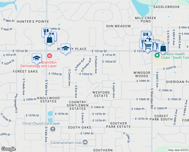 map of restaurants, bars, coffee shops, grocery stores, and more near 10321 South Granite Avenue in Tulsa