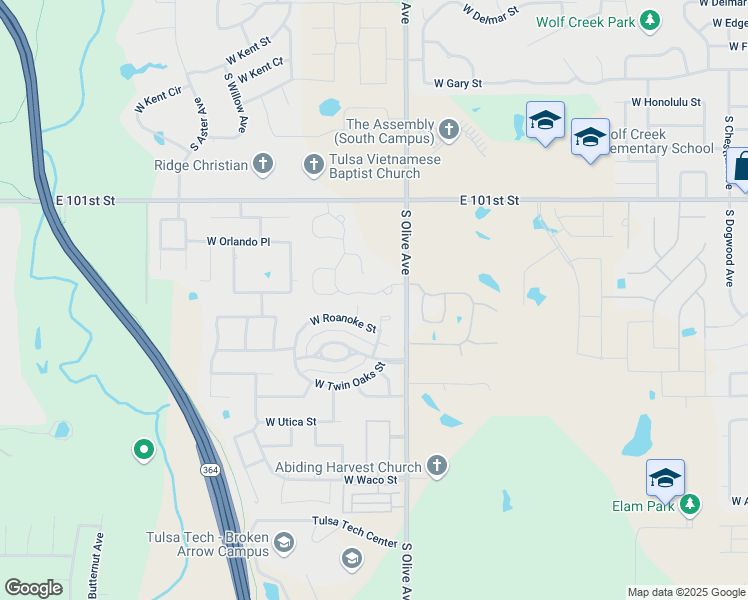 map of restaurants, bars, coffee shops, grocery stores, and more near 3801 South Sweetgum Place in Broken Arrow