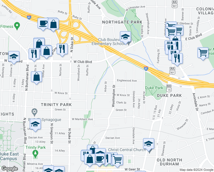 map of restaurants, bars, coffee shops, grocery stores, and more near 510 Everett Place in Durham