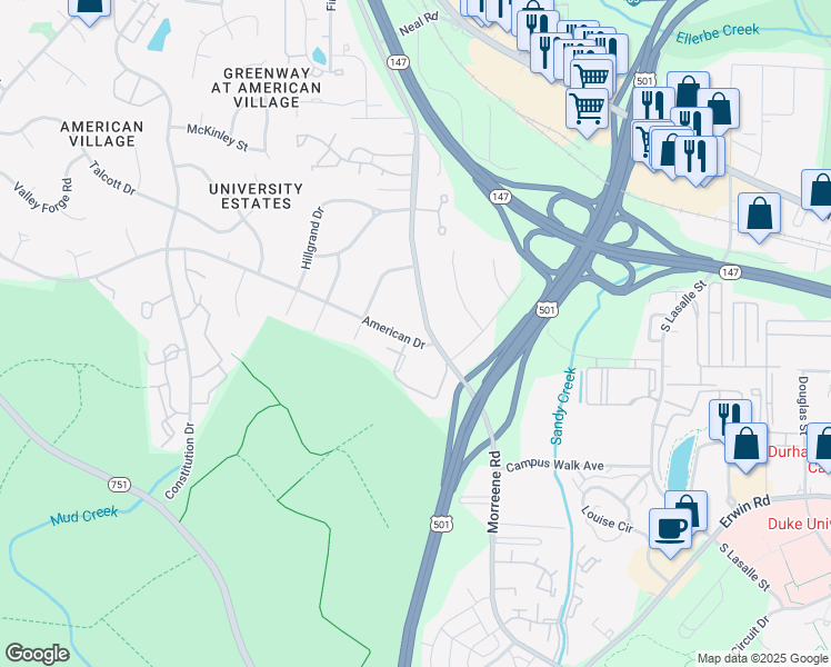 map of restaurants, bars, coffee shops, grocery stores, and more near 626 Morreene Road in Durham