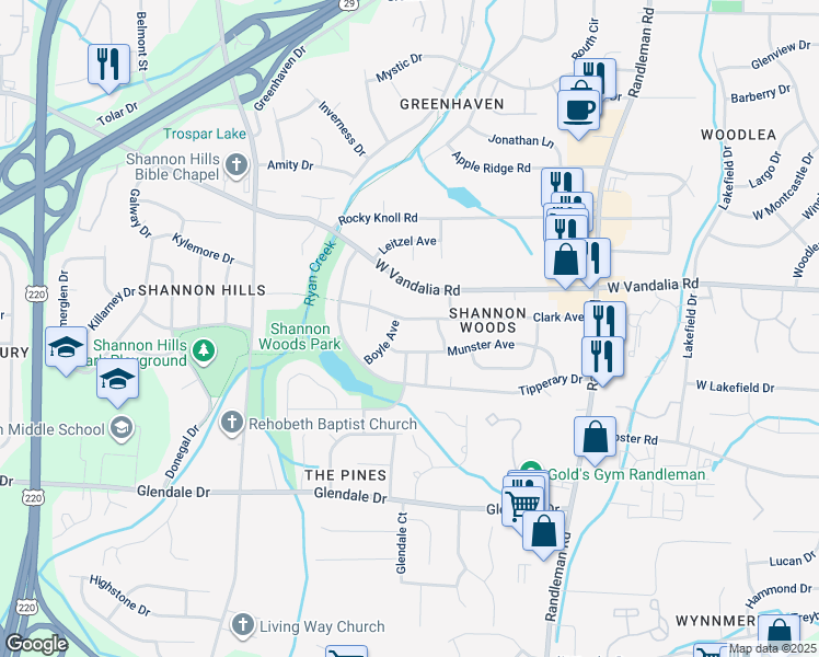 map of restaurants, bars, coffee shops, grocery stores, and more near 507 Clark Avenue in Greensboro