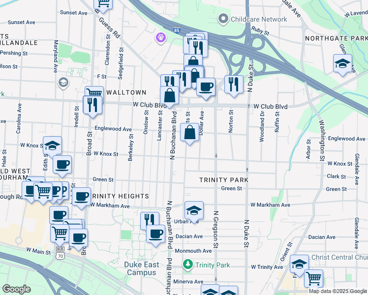 map of restaurants, bars, coffee shops, grocery stores, and more near 1309 Watts Street in Durham