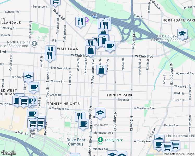 map of restaurants, bars, coffee shops, grocery stores, and more near 1108 West Knox Street in Durham