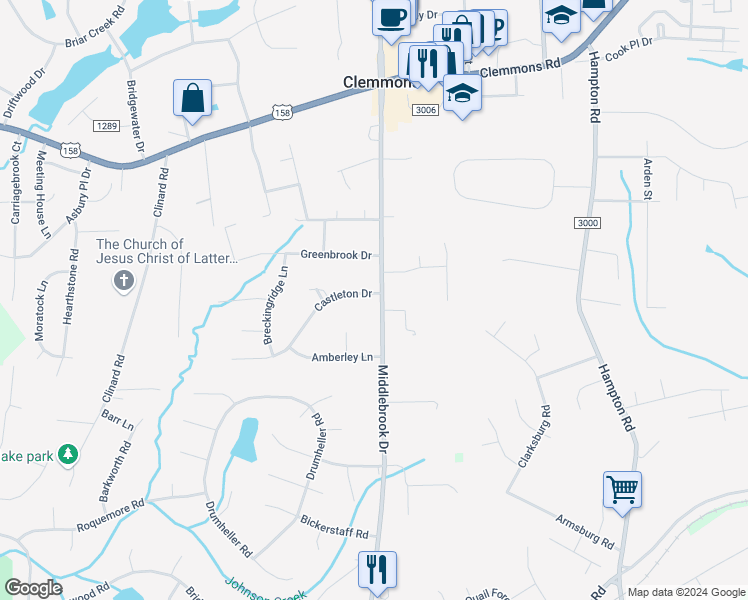 map of restaurants, bars, coffee shops, grocery stores, and more near 3100 Middlebrook Drive in Clemmons