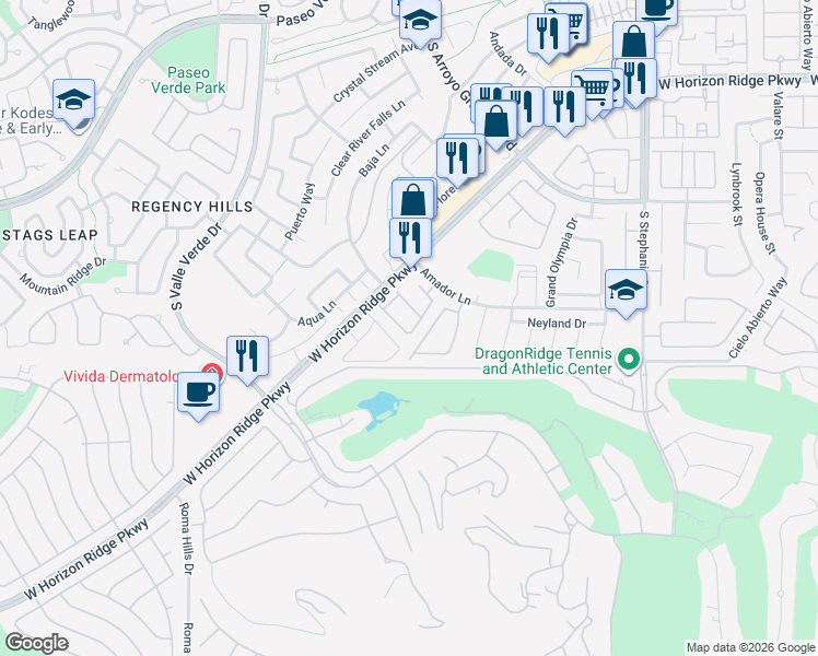 map of restaurants, bars, coffee shops, grocery stores, and more near 1612 Yellow Tulip Place in Henderson
