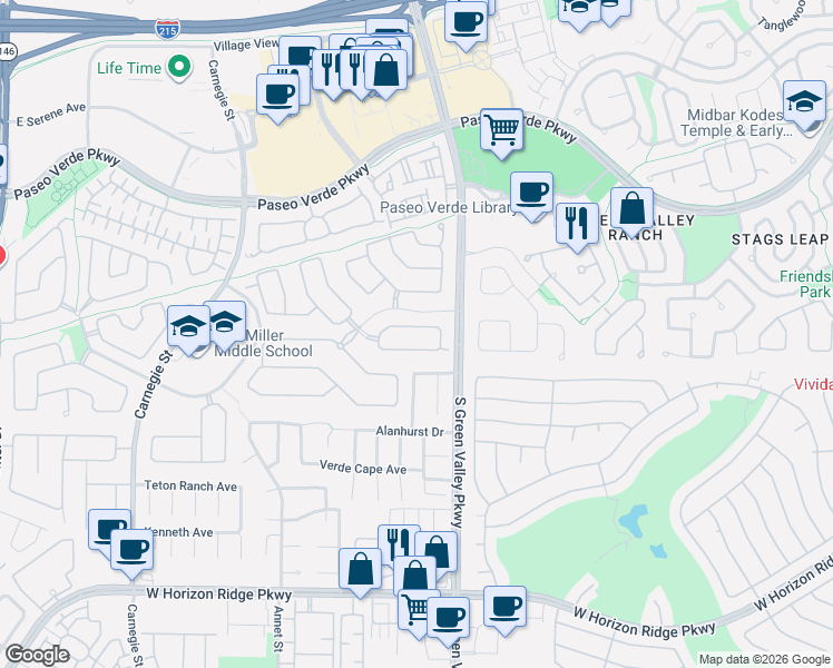map of restaurants, bars, coffee shops, grocery stores, and more near 2221 Summerwind Circle in Henderson
