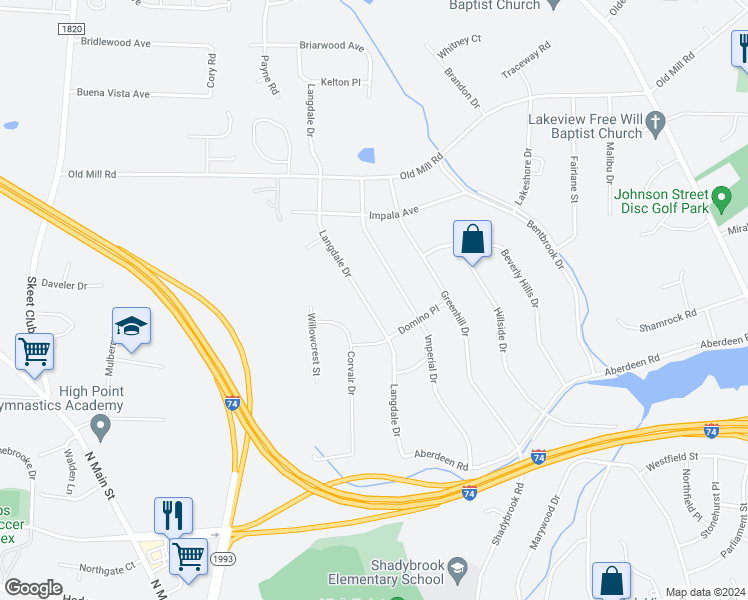 map of restaurants, bars, coffee shops, grocery stores, and more near 3505 Langdale Drive in High Point