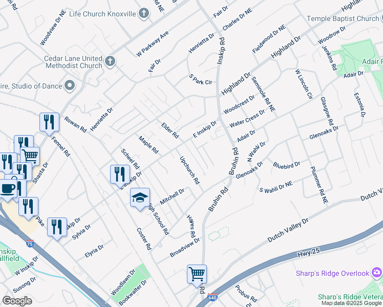 map of restaurants, bars, coffee shops, grocery stores, and more near 4741 Romeo Way in Knoxville
