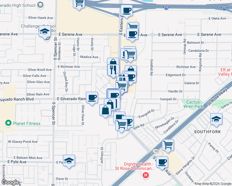 map of restaurants, bars, coffee shops, grocery stores, and more near 2300 East Silverado Ranch Boulevard in Las Vegas