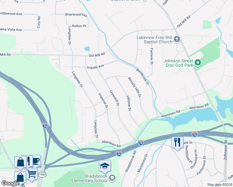 map of restaurants, bars, coffee shops, grocery stores, and more near 3432 Greenhill Drive in High Point