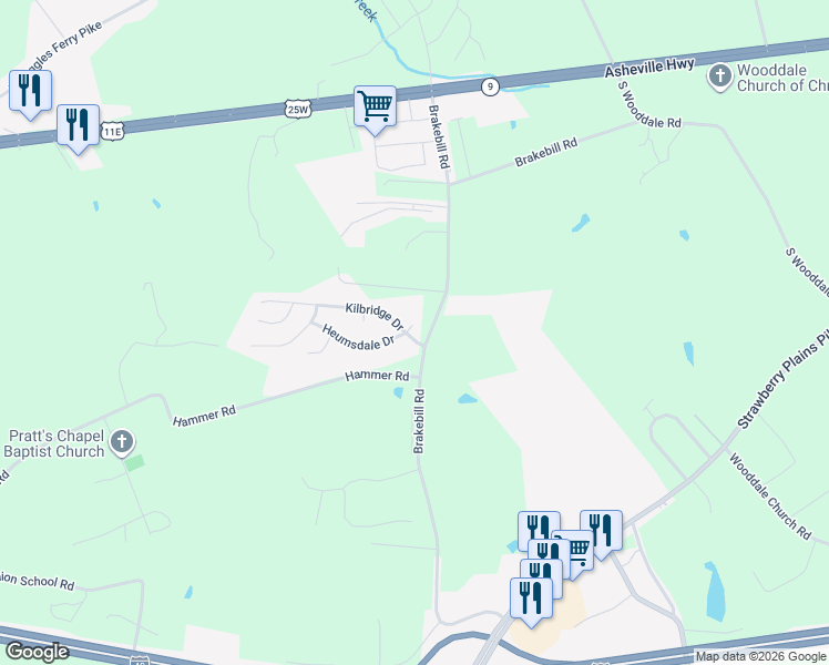 map of restaurants, bars, coffee shops, grocery stores, and more near 7556 Heumsdale Drive in Knoxville