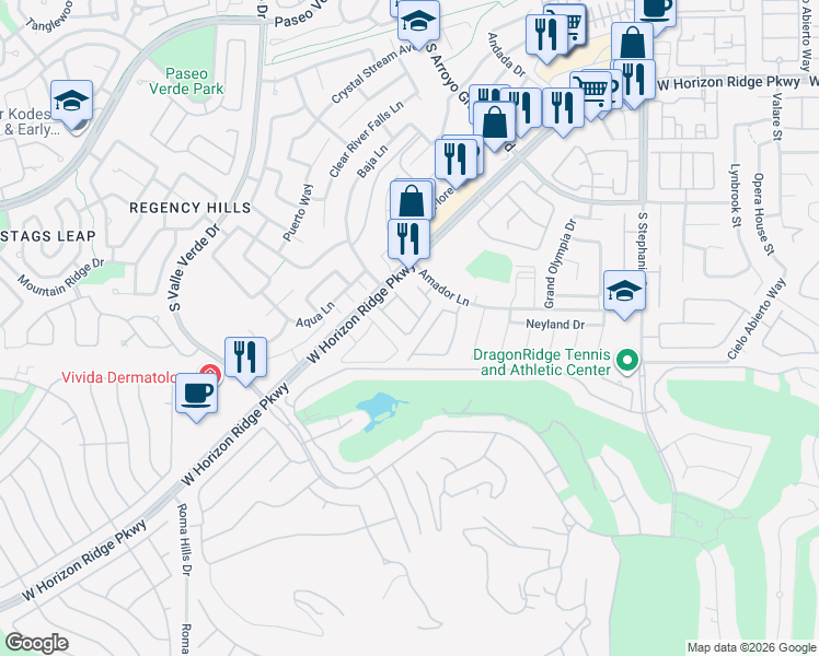 map of restaurants, bars, coffee shops, grocery stores, and more near 1612 Yellow Tulip Place in Henderson