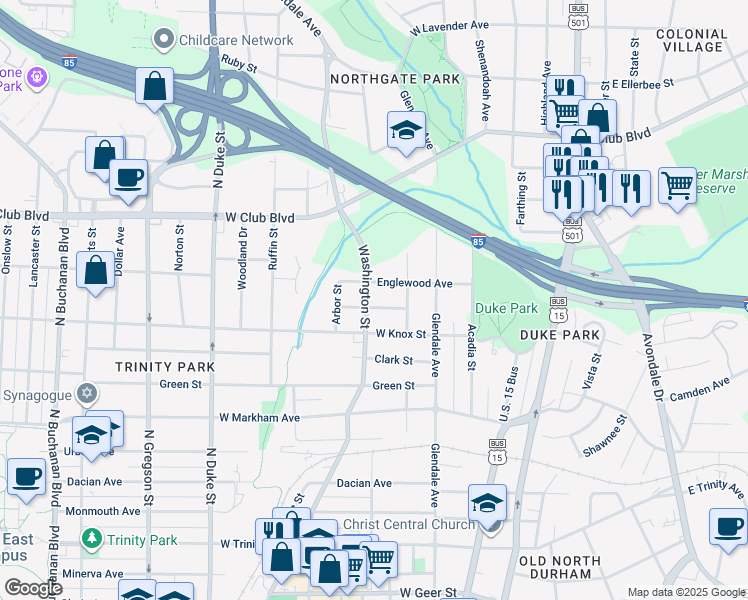map of restaurants, bars, coffee shops, grocery stores, and more near 1502 Washington Street in Durham