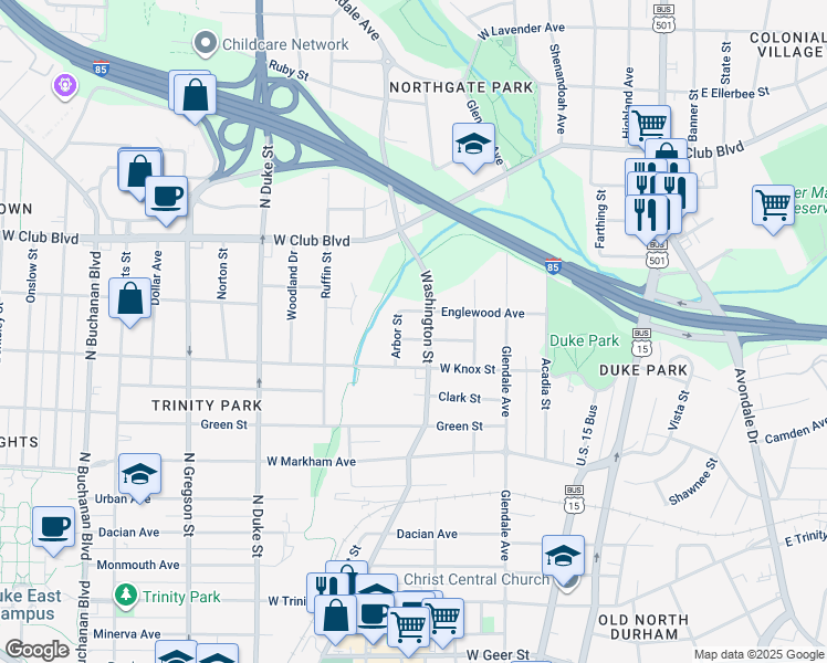 map of restaurants, bars, coffee shops, grocery stores, and more near 506 Everett Place in Durham