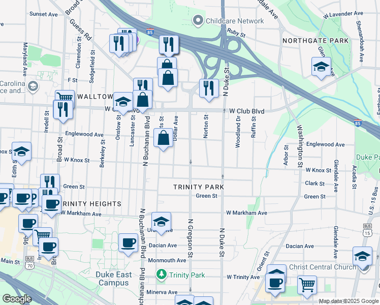 map of restaurants, bars, coffee shops, grocery stores, and more near 1010 West Knox Street in Durham