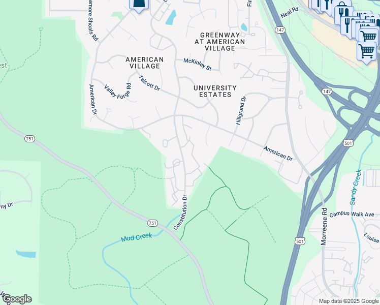 map of restaurants, bars, coffee shops, grocery stores, and more near 1207 White Pine Drive in Durham