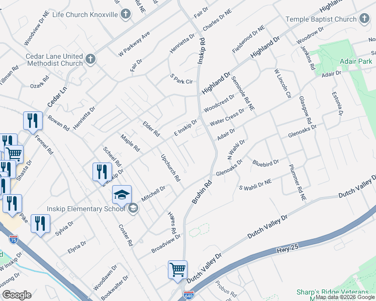 map of restaurants, bars, coffee shops, grocery stores, and more near 4719 Scepter Way in Knoxville