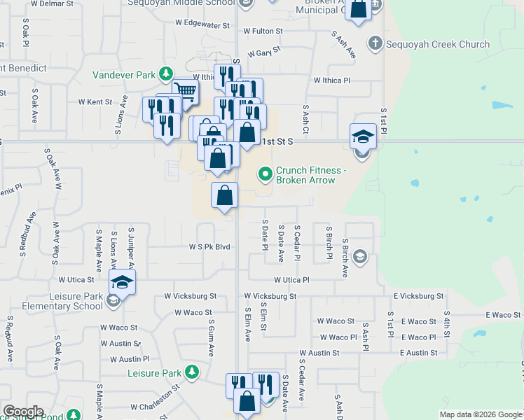 map of restaurants, bars, coffee shops, grocery stores, and more near 504 West Roanoke Street in Broken Arrow