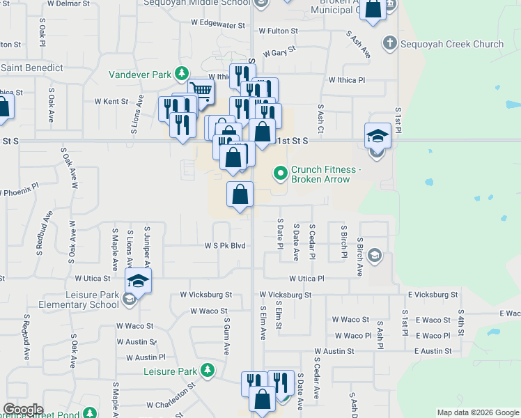 map of restaurants, bars, coffee shops, grocery stores, and more near 524 West Roanoke Street in Broken Arrow