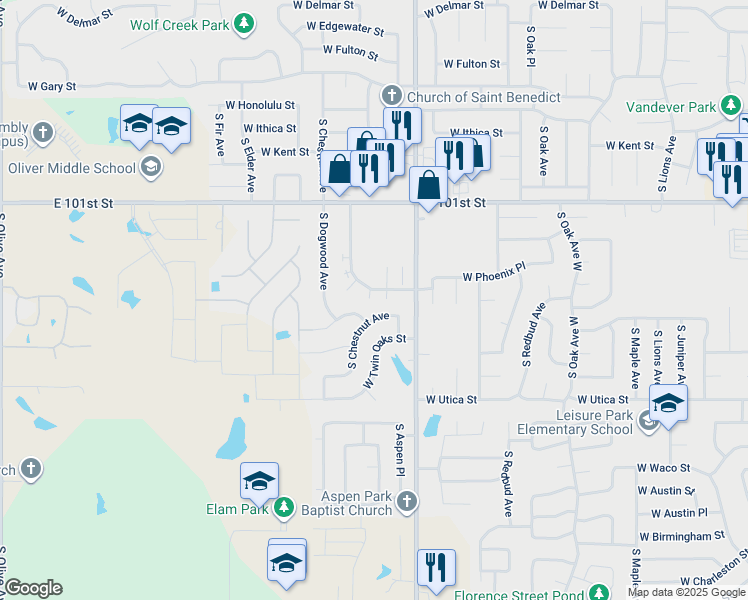 map of restaurants, bars, coffee shops, grocery stores, and more near 4013 South Chestnut Avenue in Broken Arrow