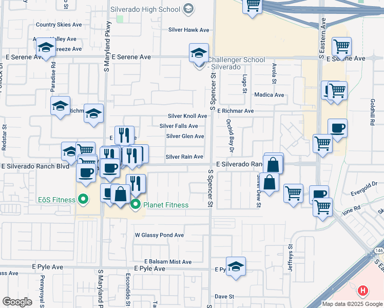 map of restaurants, bars, coffee shops, grocery stores, and more near 1690 Silver Rain Avenue in Las Vegas