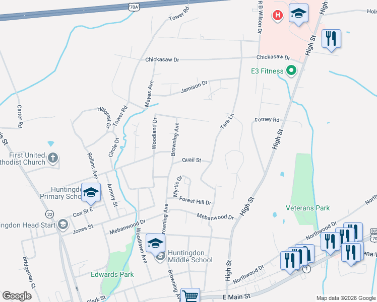 map of restaurants, bars, coffee shops, grocery stores, and more near 365 Quail Street in Huntingdon