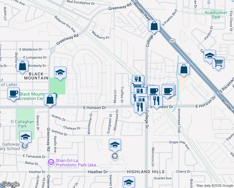 map of restaurants, bars, coffee shops, grocery stores, and more near 584 Mona Lane in Henderson