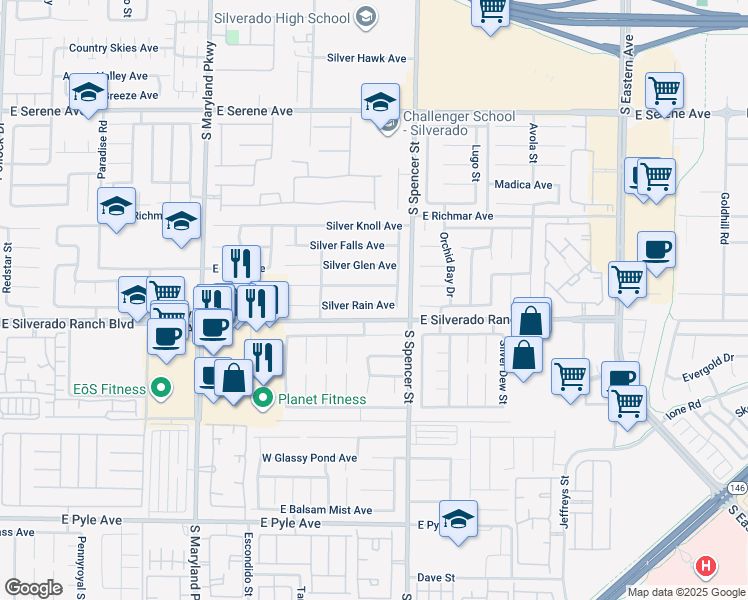 map of restaurants, bars, coffee shops, grocery stores, and more near 1690 Silver Rain Avenue in Las Vegas