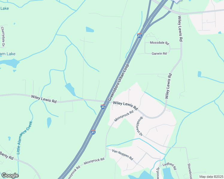 map of restaurants, bars, coffee shops, grocery stores, and more near Interstate 85 in Greensboro