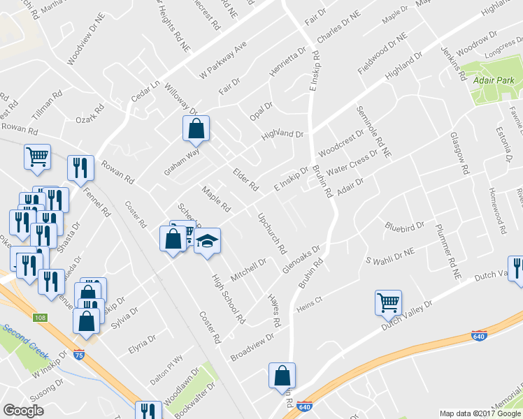 map of restaurants, bars, coffee shops, grocery stores, and more near 4724 Upchurch Road in Knoxville