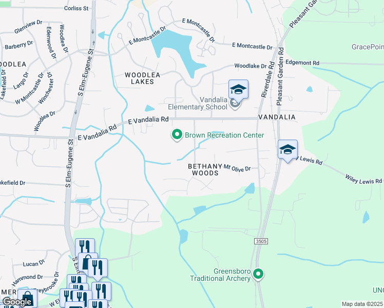 map of restaurants, bars, coffee shops, grocery stores, and more near 3604 Bethany Trce in Greensboro