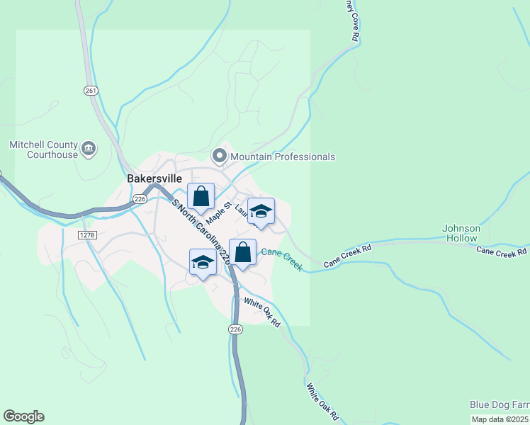 map of restaurants, bars, coffee shops, grocery stores, and more near 157 Laurel Street in Bakersville