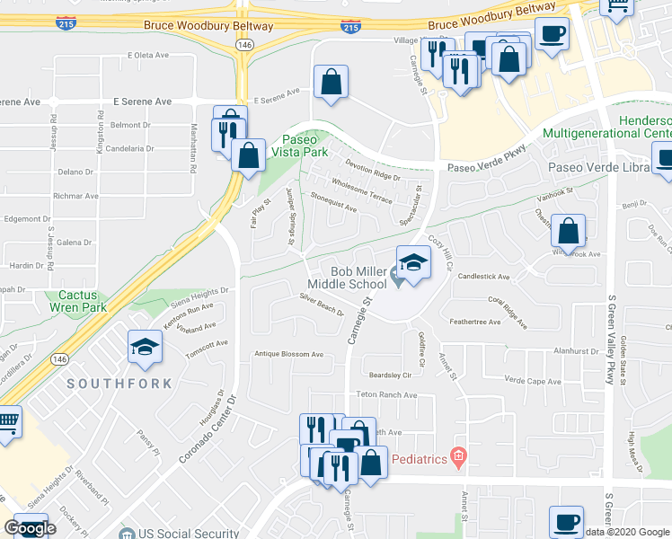 map of restaurants, bars, coffee shops, grocery stores, and more near 2450 Citrus Garden Circle in Henderson