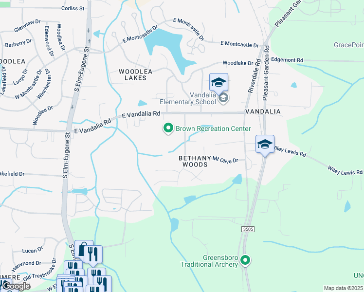 map of restaurants, bars, coffee shops, grocery stores, and more near 3604 Bethany Trce in Greensboro