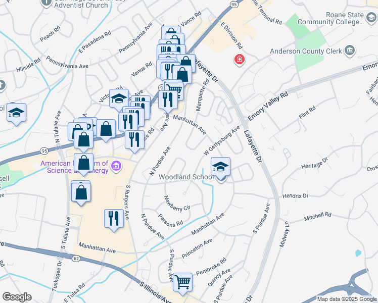 map of restaurants, bars, coffee shops, grocery stores, and more near 122 Marshall Circle in Oak Ridge