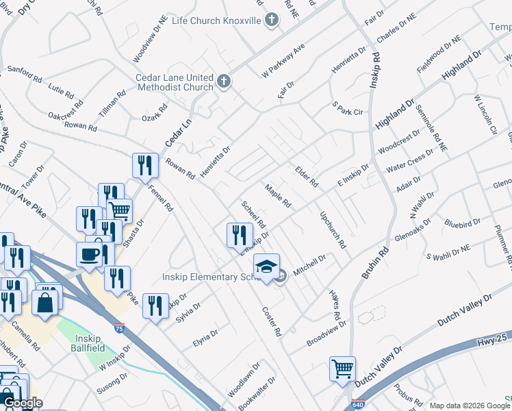 map of restaurants, bars, coffee shops, grocery stores, and more near 4800 Scheel Road in Knoxville